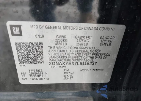 2020 Chevrolet Equinox Awd Premier 2.0L Turbo z USA, uszkodzony, nr VIN 2GNAXYEX7L6116237